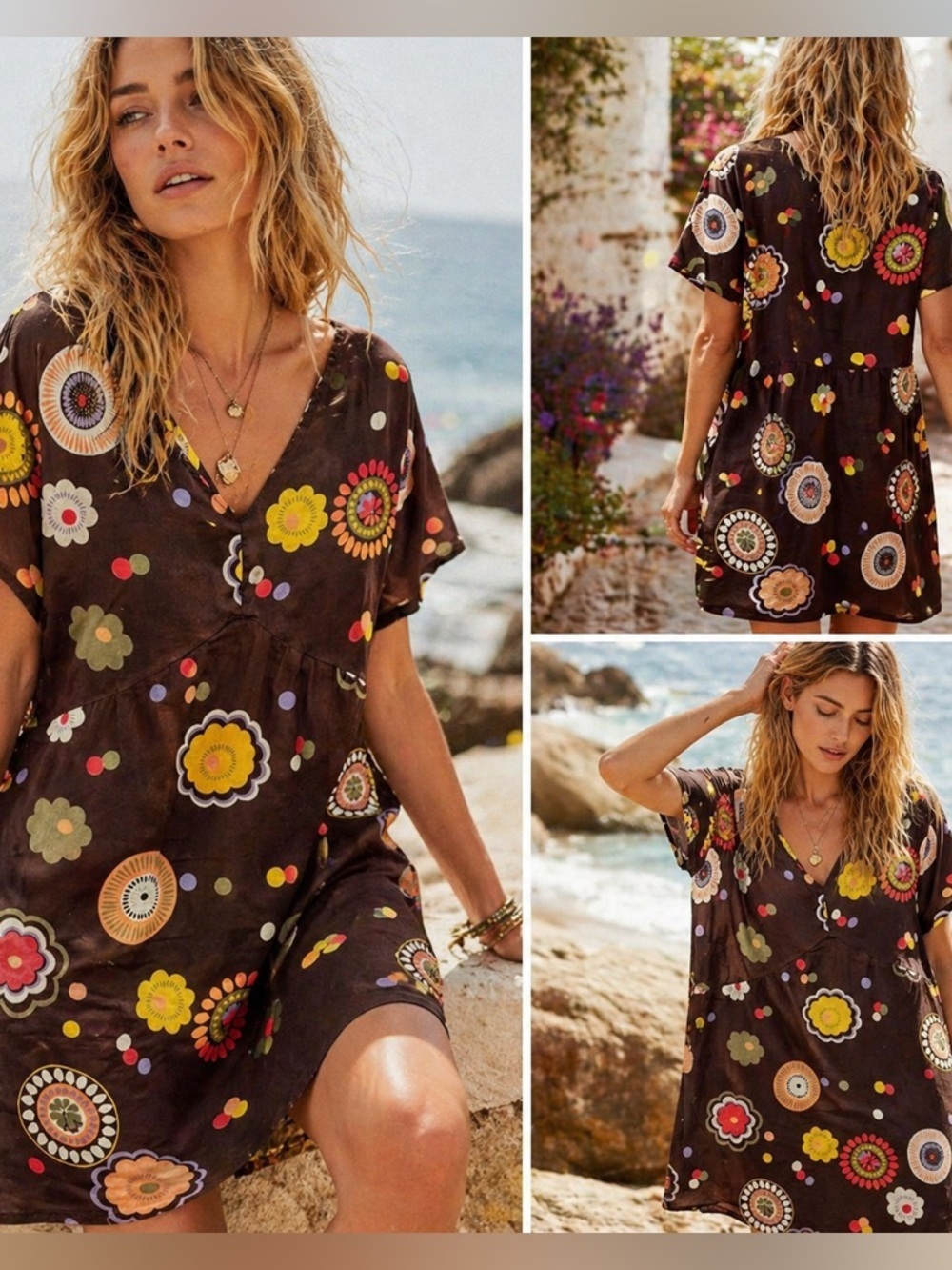 🌼 Blue Plate Printed Cotton Tunic Dress – Size Large – Retro Floral Boho 🌼